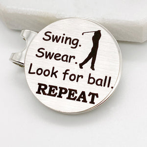 Swing. Swear. Look for ball. REPEAT personalized unique golf ball marker with magnetic hat clip gift for men