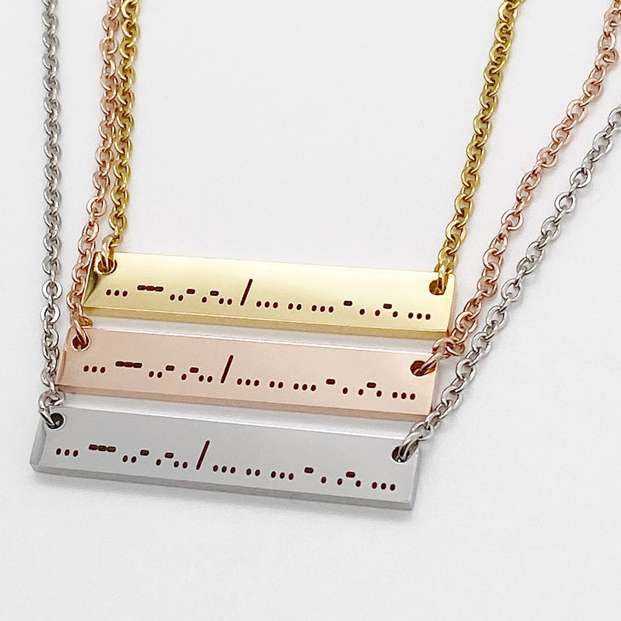 morse code "soul sisters" in silver, rose gold, and yellow gold
