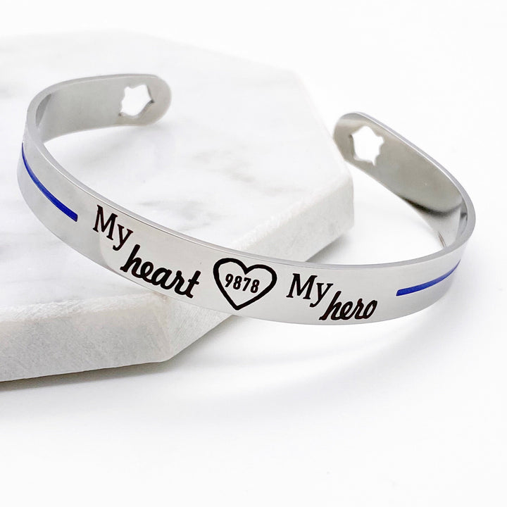 blue line stainless steel cuff bracelet engraved with my heart my hero with open heart and policeman badge number
