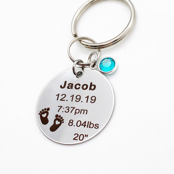 engraved 1.5 inch stainless steel silver disc keychain with name date of birth time weight and length