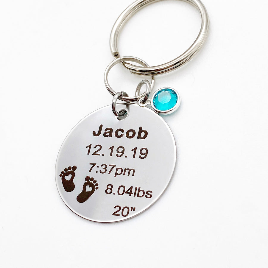 engraved 1.5 inch stainless steel silver disc keychain with name date of birth time weight and length