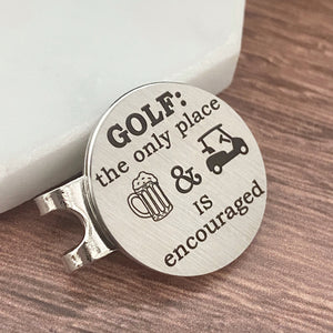 Golf the only place drinking & driving is encouraged personalized unique golf ball marker with magnetic hat clip gift for men