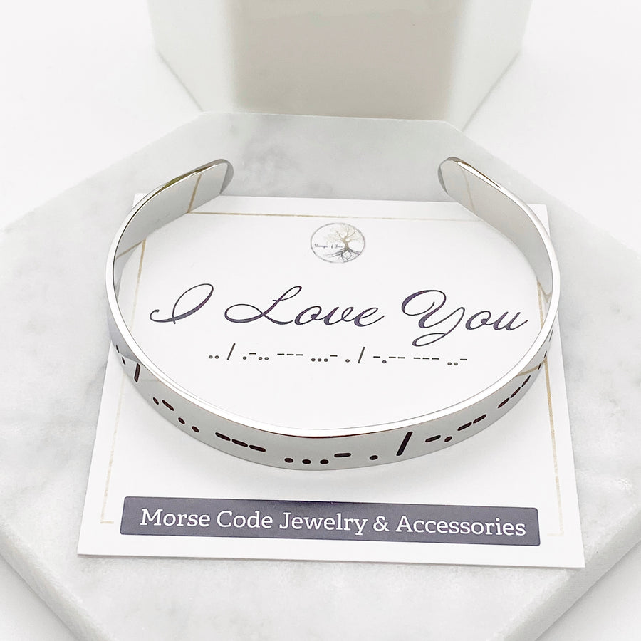 I love you dots and dashes Morse code silver cuff bracelet