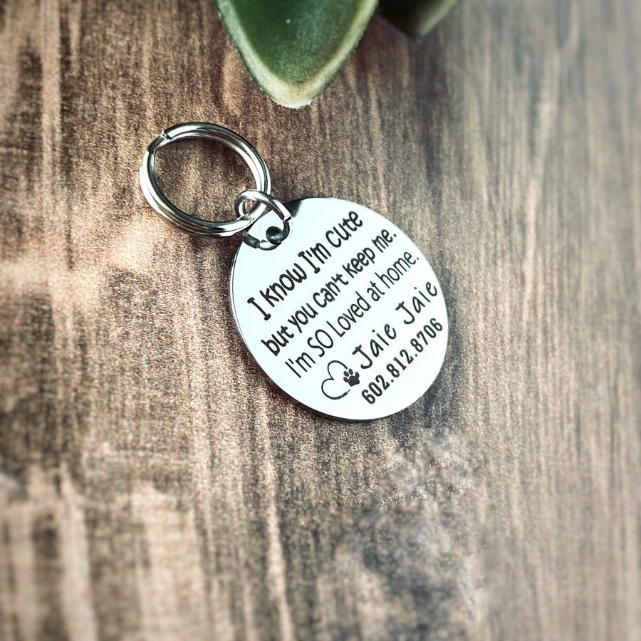 Silver stainless steel dog collar id tag with black engraving "I know I'm cute but you can't keep me. I'm SO loved at home" with a picture of an open heart and dog paw pets name and telephone number