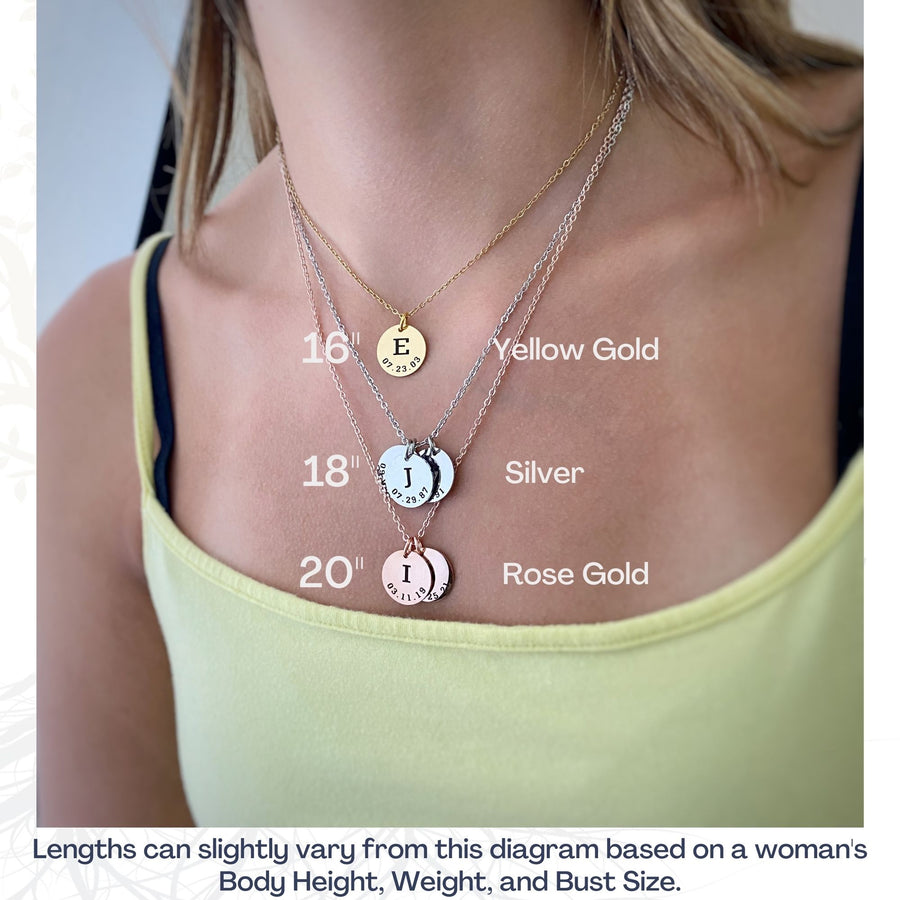 yellow gold, silver, rose gold necklace color and size chart