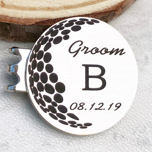 silver golf ball marker Groom B initial and date of wedding