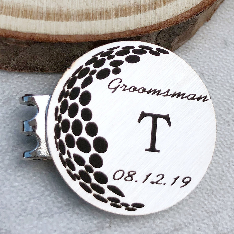 silver golf ball marker groomsman T initial and date of wedding
