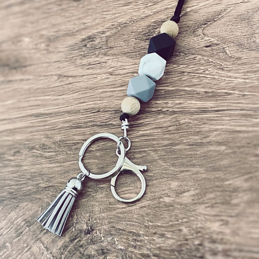 black, marble, grey hexagon silicone bead lanyard with silver lobster clasp key hook