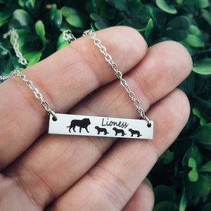 Silver Horizontal bar necklace engraved with 1 mom lion and 3 lion baby cubs