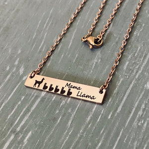 Mama llama with 5 baby llamas on rose gold bar necklace on stainless steel cable chain with lobster clap