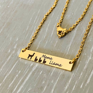 Mama llama with 3 baby llamas on yellow gold bar necklace on stainless steel cable chain with lobster clap