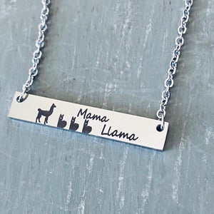 Mama llama with 3 baby llamas on Silver bar necklace on stainless steel cable chain with lobster clap
