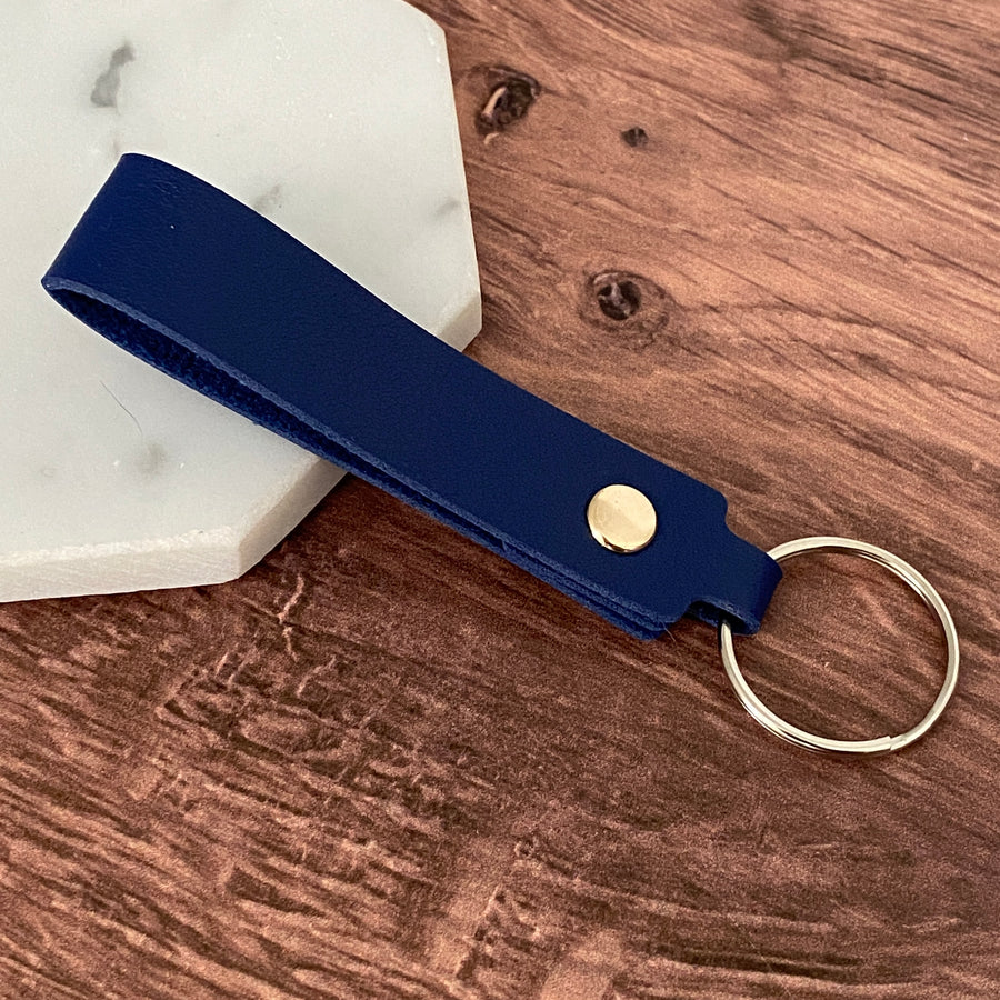 Medium Blue leather strap keychain options.