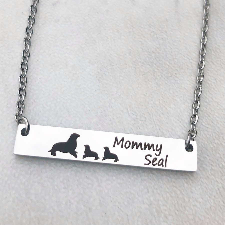 Silver Stainless Steel Bar Cable Chain Bar Necklace with engraved mom seal and baby seals
