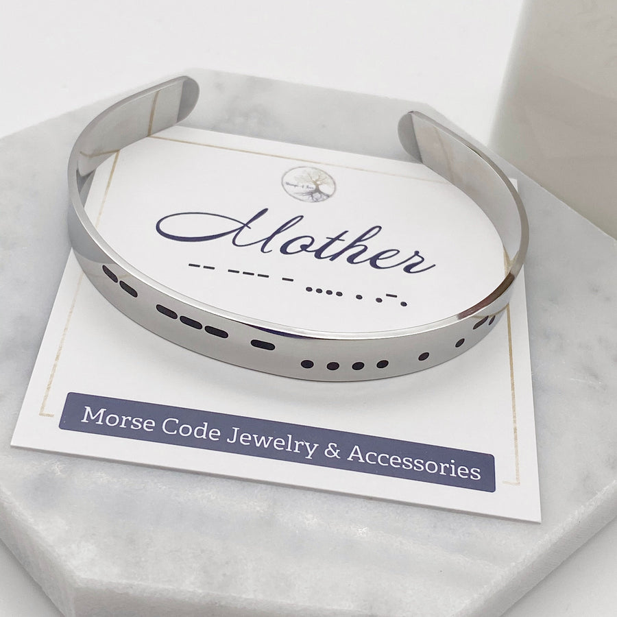 silver mother morse code cuff bracelet front view