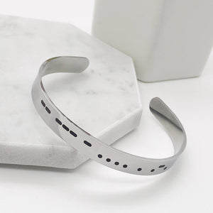 silver mother morse code cuff bracelet side view
