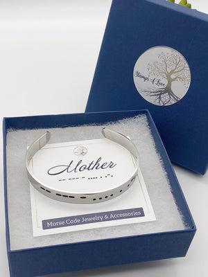 silver mother morse code cuff bracelet in gift packaging box
