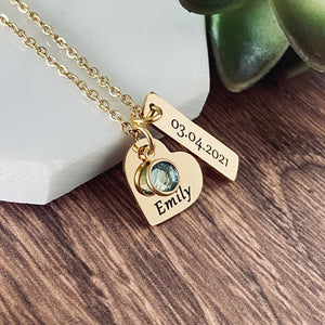 Personalized Birthstone Necklace, New Mom Gift, Custom Engraved