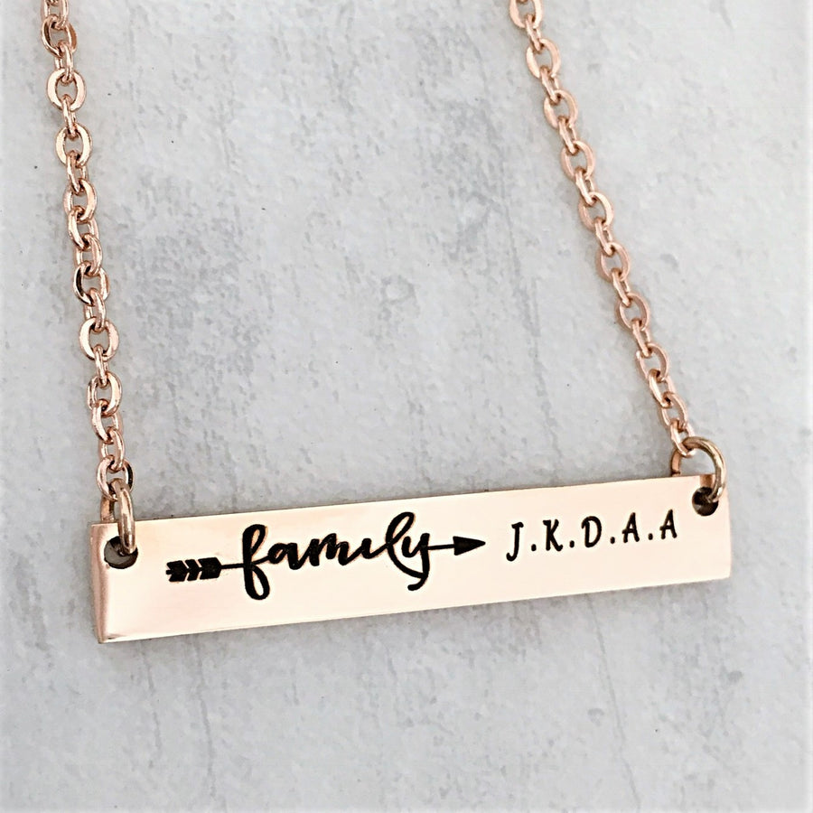 Mother's family bar necklace with family arrow and personalized children's initials 18" 16" 20" rose yellow gold silver