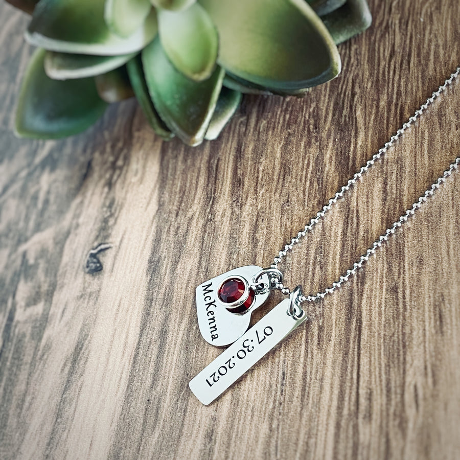 Personalized Birthstone Necklace, New Mom Gift, Custom Engraved Charm Necklace