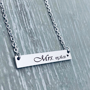 Silver engraved Mrs bar necklace with stainless steel cable chain and lobster clasp