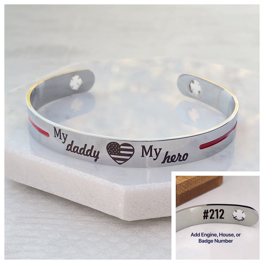 Silver stainless steel cuff bracelet thin red line with the engraving my daddy my hero with an american flag heart and maltese fireman cross cutout with number engraving