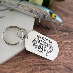 Silver stainless steel dog tag keychain engraved with the phrase, "My fishing buddies call me DAD"