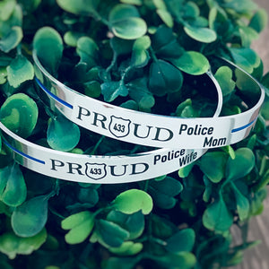 Set of Proud police wife and proud police mom thin blue line silver engraved cuff bracelet