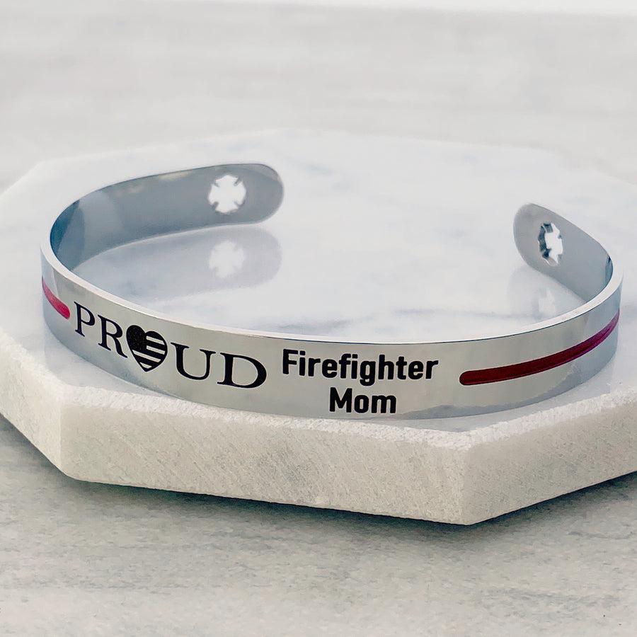 Silver stainless steel 6 inch cuff bracelet with american flag heart engraved with PROUD Firefighter Mom