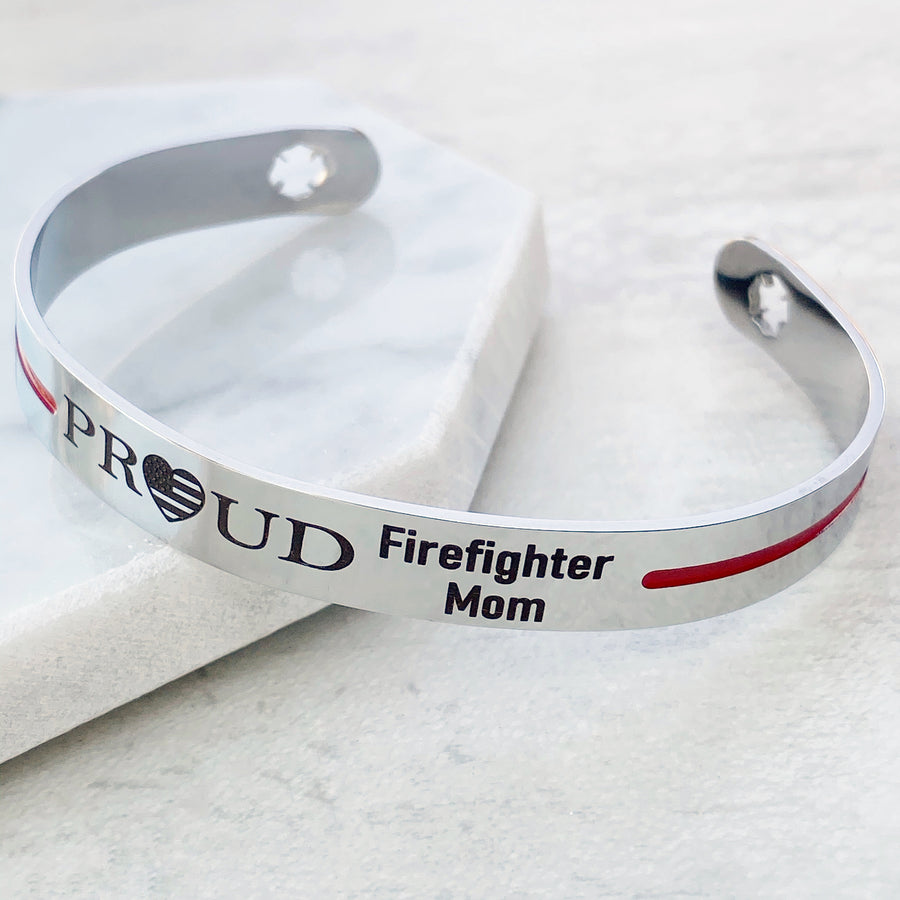 Silver stainless steel 6 inch cuff bracelet with american flag heart engraved with PROUD Firefighter Mom