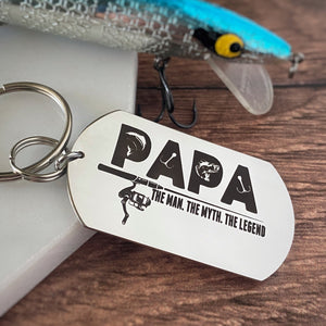 silver stainless steel dog tag keychain engraved with "Papa. The Man. The Myth. The Legend"