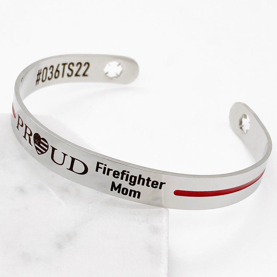 Silver stainless steel 6 inch cuff bracelet with american flag heart engraved with PROUD Firefighter Mom with badge number