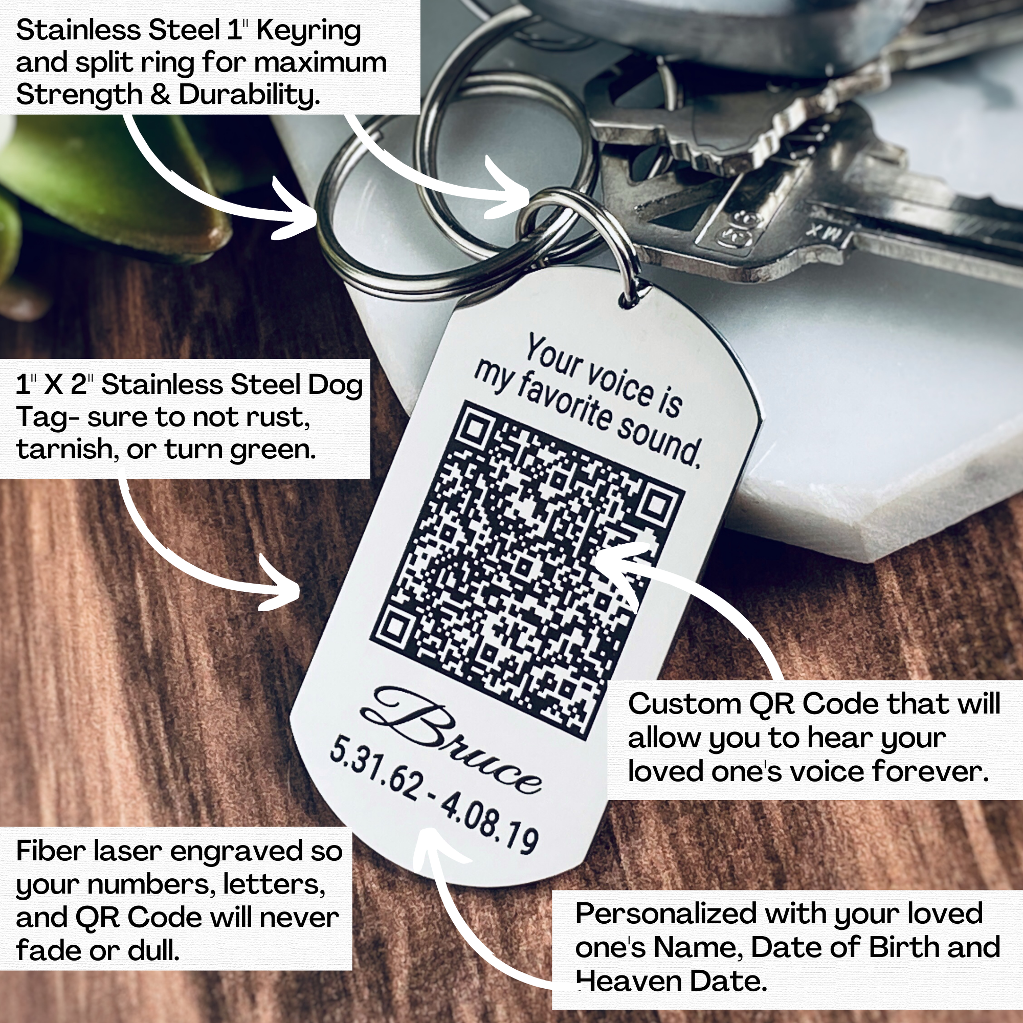 Stamps of Love Memorial QR Code Voice Keychain Green Leather Strap