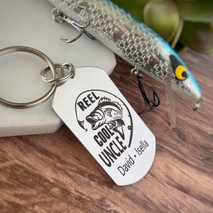 silver dog tag keychain engraved with a bass fish, fishing pole, and "Reel Cool Uncle" along with children's names