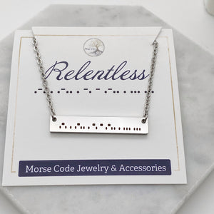silver stainless steel engraved morse code relentless bar necklace on packaging card