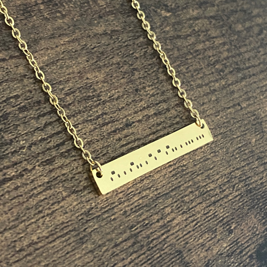  yellow gold stainless steel engraved morse code relentless bar necklace 