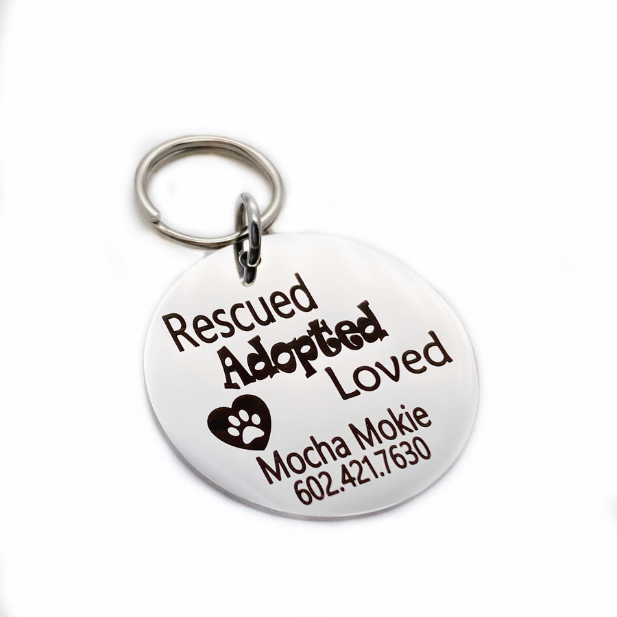 Laser Engraved Rescued adopted loved heart paw print and personalized name and phone number