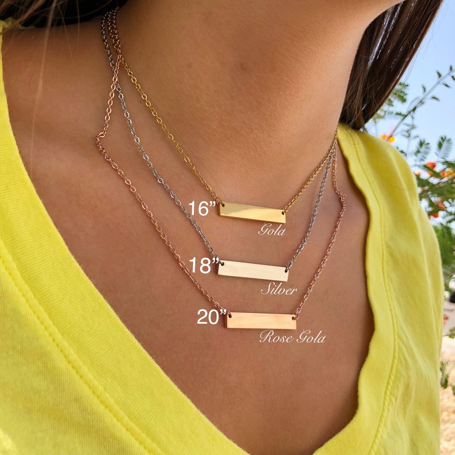 options for bar necklace choice from 16", 18", 20" and in silver, rose gold, and yellow gold