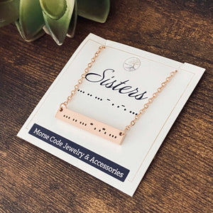 rose gold morse code sisters bar necklace