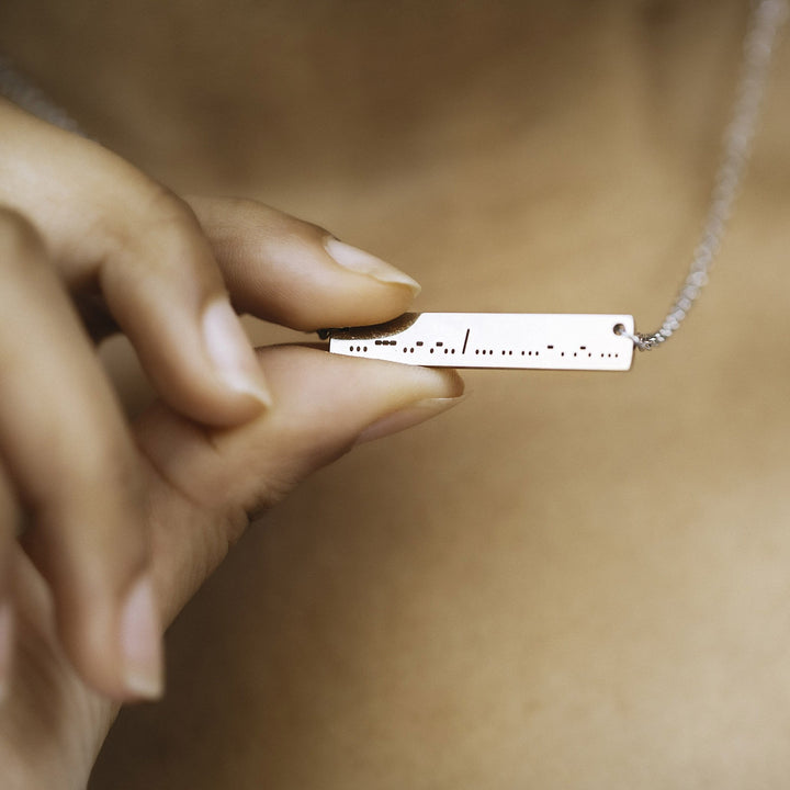 Silver "soul sisters" bar necklace laser engraved in Morse Code 
