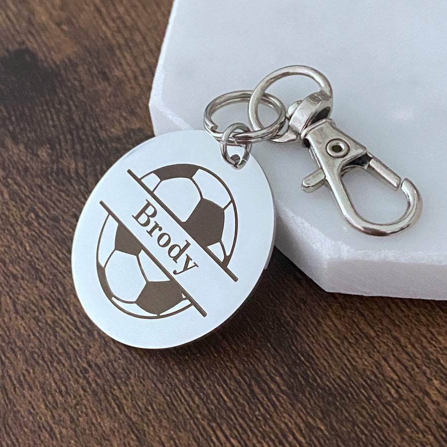 soccer ball player name bag tag engraved with soccer ball and the name Brody