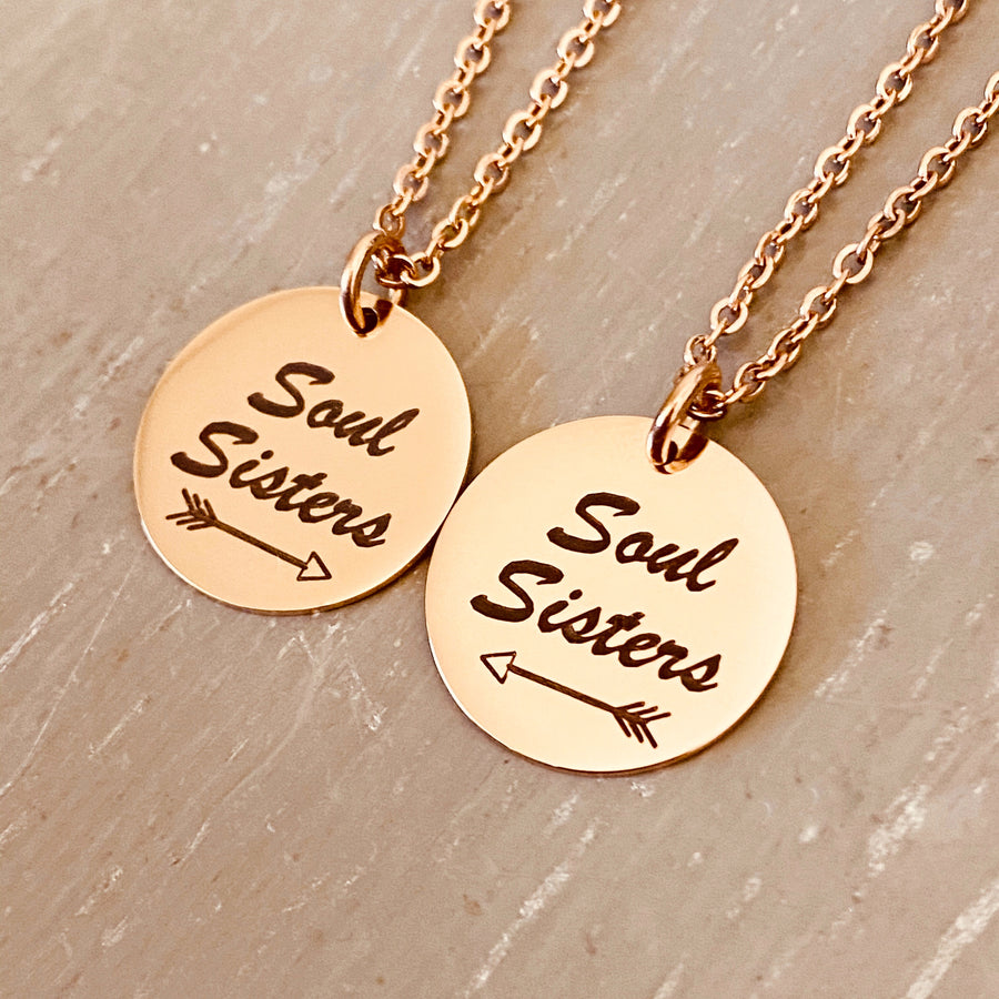 Stainless Steel Rose Gold engraved with Soul Sisters necklace set and an arrow pointing left and right with a cable chain