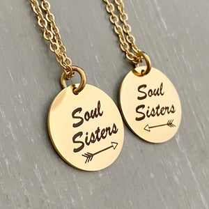 Stainless Steel Yellow Gold engraved with Soul Sisters necklace set and an arrow pointing left and right with a cable chain
