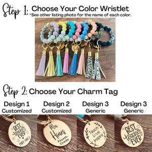 graphic showing how to process you order by choosing the wristlet color first and then what charm tag you want