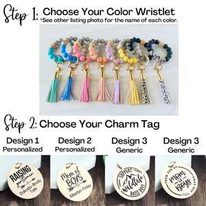 options of all wristlet color patterns and 4 different charm tag designs