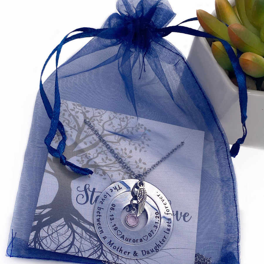 necklace in blue organza gift bag