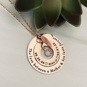 Outer 1.25 inch rose gold hollow round disc engraved with "The love between a mother & son lasts forever" Small 1 inch hollow round disc engraved with 06.25.95 a outline of a heart the name Glen Jr outline of a heart and 02.01.22. A june birthstone dangling in the center. Angel wing is attached to the 2 disc hollow pendants and adorned with a stainless steel cable chain.