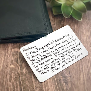 handwritten note to son from mom engraved on a wallet card