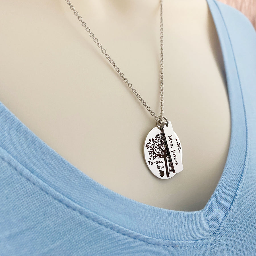 teachers necklace modeled on woman