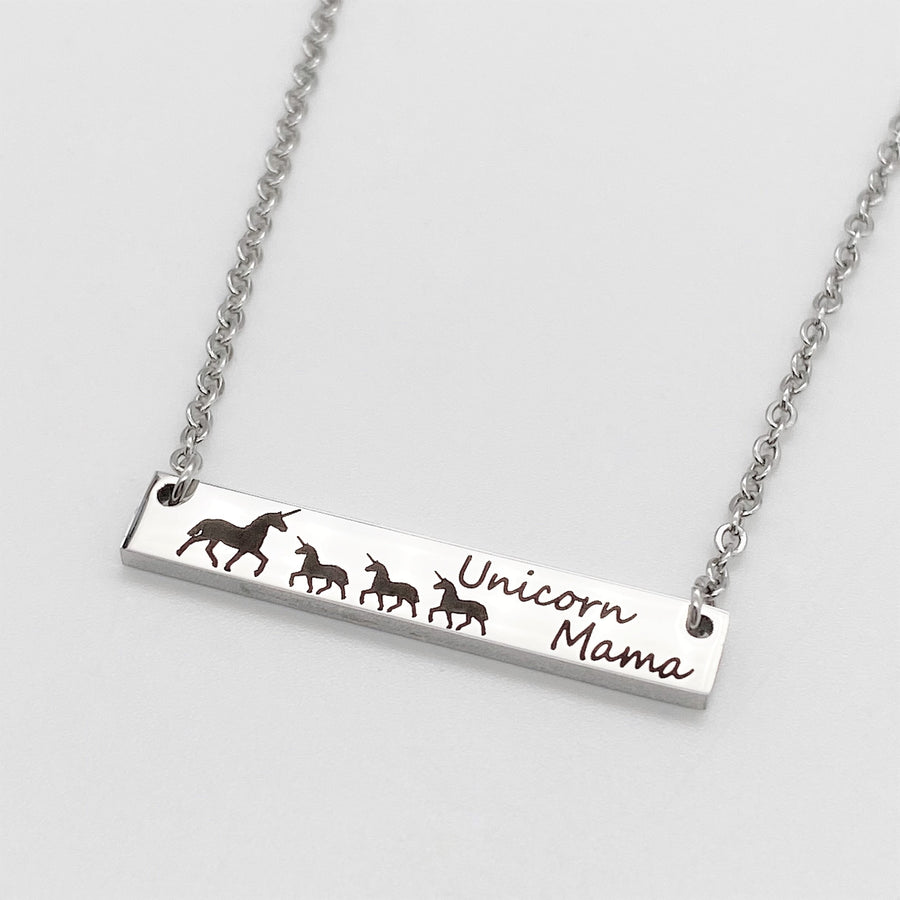 Silver horizontial bar necklace with black engraved unicorn mom with babies